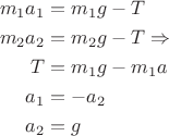 $$\begin{align}m_1a_1&=m_1 g-T\\
m_2 a_2&=m_2 g-T \Rightarrow\\
T&=m_1g-m_1 a\\
a_1&=-a_2\\
a_2&=g
\end{align}$$