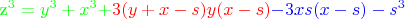 $$\makebox[0pt][c]{{\color{green}z^3=y^3+x^3}{+\color{red}3(y+x-s)y(x-s)}{\color{blue}-3xs(x-s)-s^3}}$$