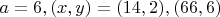 $a=6, (x,y)=(14,2), (66,6)$
