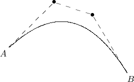 $$\begin{xy}
    (0,0)*+{A};(50,-10)*+{B}
    **\crv~Lc{~**\dir{--}~*{\bullet}
    (20,20)&(35,15)}
\end{xy}$$