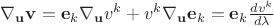 $\nabla_{\mathbf u} \mathbf v=\mathbf e_k\nabla_{\mathbf u} v^k+v^k\nabla_{\mathbf u}\mathbf e_k=\mathbf e_k\frac{dv^k}{d\lambda}$