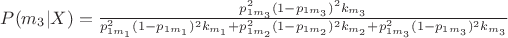 $P(m_3 | X) = \frac{ p_{1m_3}^2 (1 - p_{1m_3})^2 k_{m_3} }{ p_{1m_1}^2 (1 - p_{1m_1})^2 k_{m_1} + p_{1m_2}^2 (1 - p_{1m_2})^2 k_{m_2} + p_{1m_3}^2 (1 - p_{1m_3})^2 k_{m_3} }$