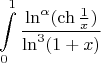 $$\int\limits_{0}^{1} \frac{\ln^\alpha({\ch{\frac{1}{x}}})}{\ln^3(1+x)}$$