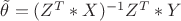 $\tilde{\theta} = (Z^T * X)^{-1} Z^T * Y$