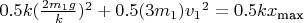 $0.5k(\tfrac{2m_1 g}{k})^2 + 0.5(3m_1){v_1} ^2= 0.5kx_\text{max}$