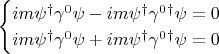 $$\begin{cases}
i m \psi^\dagger \gamma^0 \psi - i m \psi^\dagger \gamma^0^\dagger \psi = 0 \\
i m \psi^\dagger \gamma^0 \psi + i m \psi^\dagger \gamma^0^\dagger \psi = 0
\end{cases}$$