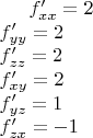 \\$f'_{xx}=2\\
f'_{yy}=2\\
f'_{zz}=2\\
f'_{xy}=2\\
f'_{yz}=1\\
f'_{zx}=-1$