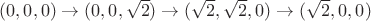 $(0, 0, 0) \to (0, 0, \sqrt{2}) \to (\sqrt{2}, \sqrt{2}, 0) \to (\sqrt{2}, 0, 0)$