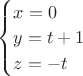 $\begin{cases}
 x=0 \\
 y=t+1 \\
 z=-t\\
\end{cases}$