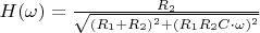 $H(\omega )=\frac{R_2}{\sqrt{(R_1+R_2)^2+(R_1R_2C\cdot \omega)^2}}$