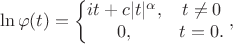 $$
\ln \varphi(t) = \left\{
\begin{matrix}
it + c|t|^{\alpha}, & t \not= 0 \\
0, & t = 0.
\end{matrix}
\right.,
$$