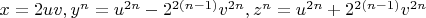$x=2uv, y^n=u^{2n}-2^{2(n-1)}v^{2n}, z^n=u^{2n}+2^{2(n-1)}v^{2n}$