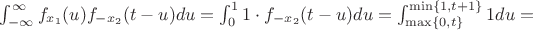$\int_{-\infty}^{\infty}f_{x_1}(u)f_{-x_2}(t-u)du = \int_0^1 1\cdot f_{-x_2}(t-u)du = \int_{\max\{0, t\}}^{\min\{1, t+1\}} 1 du =$