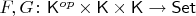 $F,G\colon\mathsf{K}^{op}\times\mathsf{K}\times\mathsf{K}\to\mathsf{Set}$
