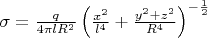 $\sigma=\frac{q}{4\pi lR^2}\left(\frac{x^2}{l^4}+\frac{y^2+z^2}{R^4}\right)^{-\frac{1}{2}}$
