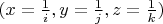 $(x=\frac{1}{i}, y=\frac{1}{j}, z=\frac{1}{k})$