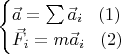 $\begin{cases}
\vec a=\sum \vec a_{i}\;\;\;(1) \\
\vec F_i= m\vec a_{i}\;\;\;(2)
\end{cases}$