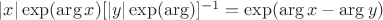 $|x|\exp(\operatorname{arg}x)[|y|\exp(\operatorname{arg})]^{-1} = \exp(\operatorname{arg}x - \operatorname{arg}y)$