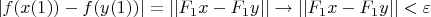 $|f(x(1))-f(y(1))|=||F_1x-F_1y|| \rightarrow  ||F_1x-F_1y||< \varepsilon$
