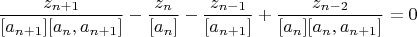 $$\frac{z_{n+1}}{[a_{n+1}][a_n,a_{n+1}]}-\frac{z_n}{[a_n]}-\frac{z_{n-1}}{[a_{n+1}]}+\frac{z_{n-2}}{[a_n][a_n,a_{n+1}]}=0$$