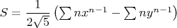 $S=\dfrac{1}{2 \sqrt 5}\left(\sum nx^{n-1}-\sum ny^{n-1}\right)$