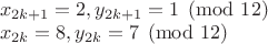 $\\x_{2k+1}=2, y_{2k+1}=1 \pmod {12}\\
x_{2k}=8, y_{2k}=7 \pmod {12}$