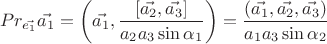 $$ Pr_{\vec{e_1}} \vec{a_1} = \left( \vec{a_1}, \frac{[\vec{a_2},\vec{a_3}]}{a_2 a_3 \sin{\alpha_1}} \right) = \frac{(\vec{a_1}, \vec{a_2}, \vec{a_3})}{a_1 a_3 \sin{\alpha_2}} $$