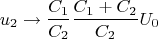 $$u_2\rightarrow \frac{C_1}{C_2}\frac{C_1+C_2}{C_2}U_0$$