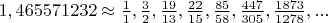$1,465571232 \approx \frac{1}{1},\frac{3}{2},\frac{19}{13},\frac{22}{15},\frac{85}{58},\frac{447}{305},\frac{1873}{1278},...$