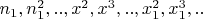 $n_1,n_1^2,..,x^2,x^3,..,x_1^2,x_1^3,..$