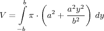 $$
 V=\int\limits_{-b}^b\pi \cdot \left(a^2 + \frac{a^2y^2}{b^2}\right) \, dy 
$$