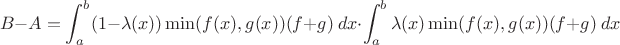 $$
B-A=\int_a^b (1-\lambda (x))\min(f(x),g(x)) (f+g)\ dx \cdot \int_a^b \lambda (x)\min(f(x),g(x)) (f+g)\ dx 
$$