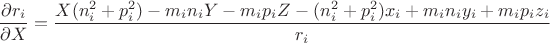 $$\dfrac{\partial r_i}{\partial X}=\dfrac{X(n_i^2+p_i^2)-m_in_iY-m_ip_iZ-(n_i^2+p_i^2)x_i+m_in_iy_i+m_ip_iz_i}{r_i}$$