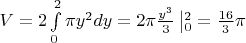 $V=2\int \limits^2_0 \pi y^2 dy=2\pi \frac{y^3}3 \left | ^2_0=\frac {16}3 \pi$