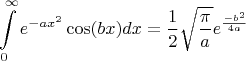 $$\int\limits_{0}^{\infty}e^{-ax^2}\cos(bx)dx = \frac{1}{2}\sqrt{\frac{\pi}{a}}e^{\frac{-b^2}{4a}}$$