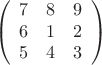 $$\left(
\begin{array}{ccc}
7 & 8 & 9 \\
6 & 1 & 2 \\
5 & 4 & 3
\end{array}\right)
$$