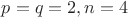 $p=q=2, n=4$