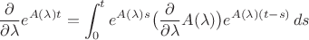 $$\frac{\partial}{\partial \lambda } e^{A(\lambda)t} = 
\int_0^t e^{A(\lambda)s}\bigl(\frac{\partial}{\partial \lambda } A(\lambda)\bigr) e^{A(\lambda)(t-s)}\,ds $$