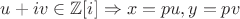 $u+iv\in\mathbb Z[i]\Rightarrow x=pu, y=pv$