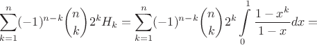 $$\sum_{k=1}^n (-1)^{n-k}\binom{n}{k}2^k H_k =\sum_{k=1}^n (-1)^{n-k}\binom{n}{k}2^k\int\limits_{0}^{1}\frac{1-x^k}{1-x} dx=
$$