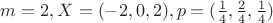 $m=2, X=(-2,0,2),p=(\frac{1}{4},\frac{2}{4},\frac{1}{4})$