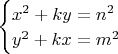 $\begin{cases} x^2+ky=n^2 \\ y^2+kx=m^2 \end{cases}$
