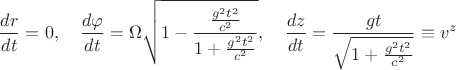 $$
\frac{dr}{dt} = 0, \quad
\frac{d \varphi}{dt} = \Omega \sqrt{1 - \frac{ \frac{g^2 t^2}{c^2} }{ 1 + \frac{g^2 t^2}{c^2} }}, \quad
\frac{dz}{dt} = \frac{g t}{\sqrt{1 + \frac{g^2 t^2}{c^2} }} \equiv v^z
$$