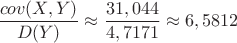 $\dfrac{cov(X,Y)}{D(Y)}\approx \dfrac{31,044}{4,7171}\approx 6,5812$