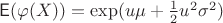 $\mathsf E(\varphi(X))=\exp(u\mu+\frac {1} {2} u^2\sigma^2)$