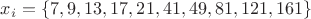 $x_i=\{7,9,13,17,21,41,49,81,121,161\}$