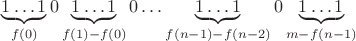 $\underbrace{1\ldots 1}_{f(0)}0\underbrace{1\ldots 1}_{f(1)-f(0)}0\ldots \underbrace{1\ldots 1}_{f(n-1)-f(n-2)}0\underbrace{1\ldots 1}_{m-f(n-1)}$