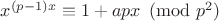 $x^{(p-1)x} \equiv 1+apx\pmod{p^2}$