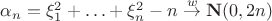 $\alpha_n=\xi_1^2+\ldots+\xi_n^2-n \stackrel{w}{\to} {\bf N}(0,2n)$