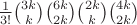 $\frac{1}{3!}\binom{3k}{k}\binom{6k}{2k}\binom{2k}{k}\binom{4k}{2k}$